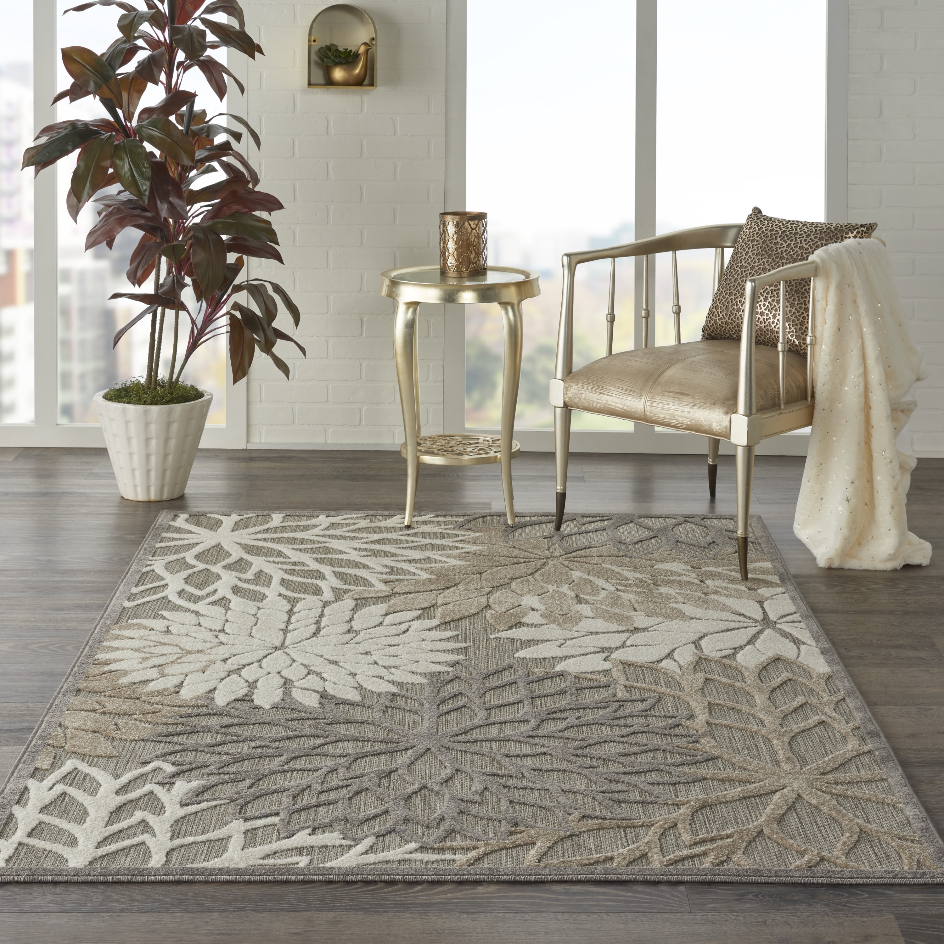 Nourison Tropical Oasis Indoor/Outdoor Modern Floral Natural 3'6" x 5'6" Area Rug, (4' x 6')