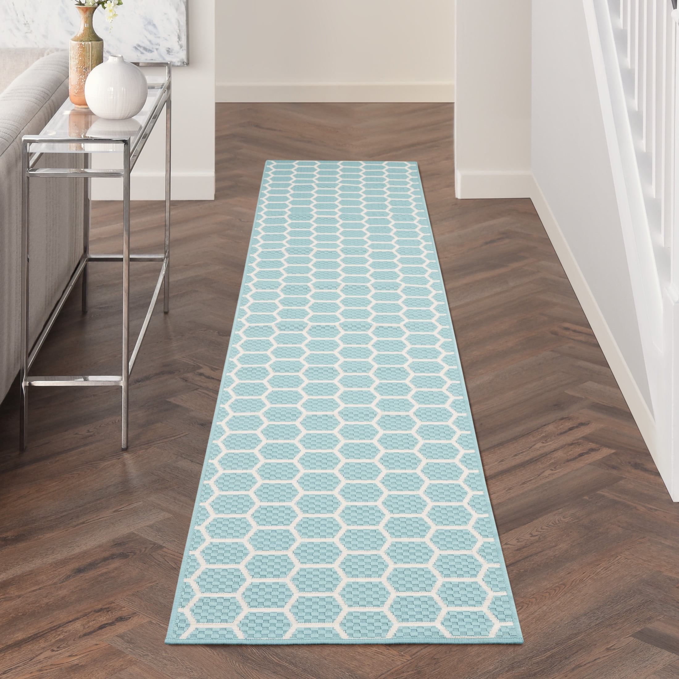 Nourison Twist Reversible 2'2" x 10' Aqua Modern Rug