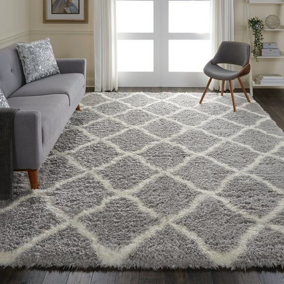 Nourison Ultra Plush Shag Trellis Grey/Ivory 9' x 12' Area Rug, (9x12)