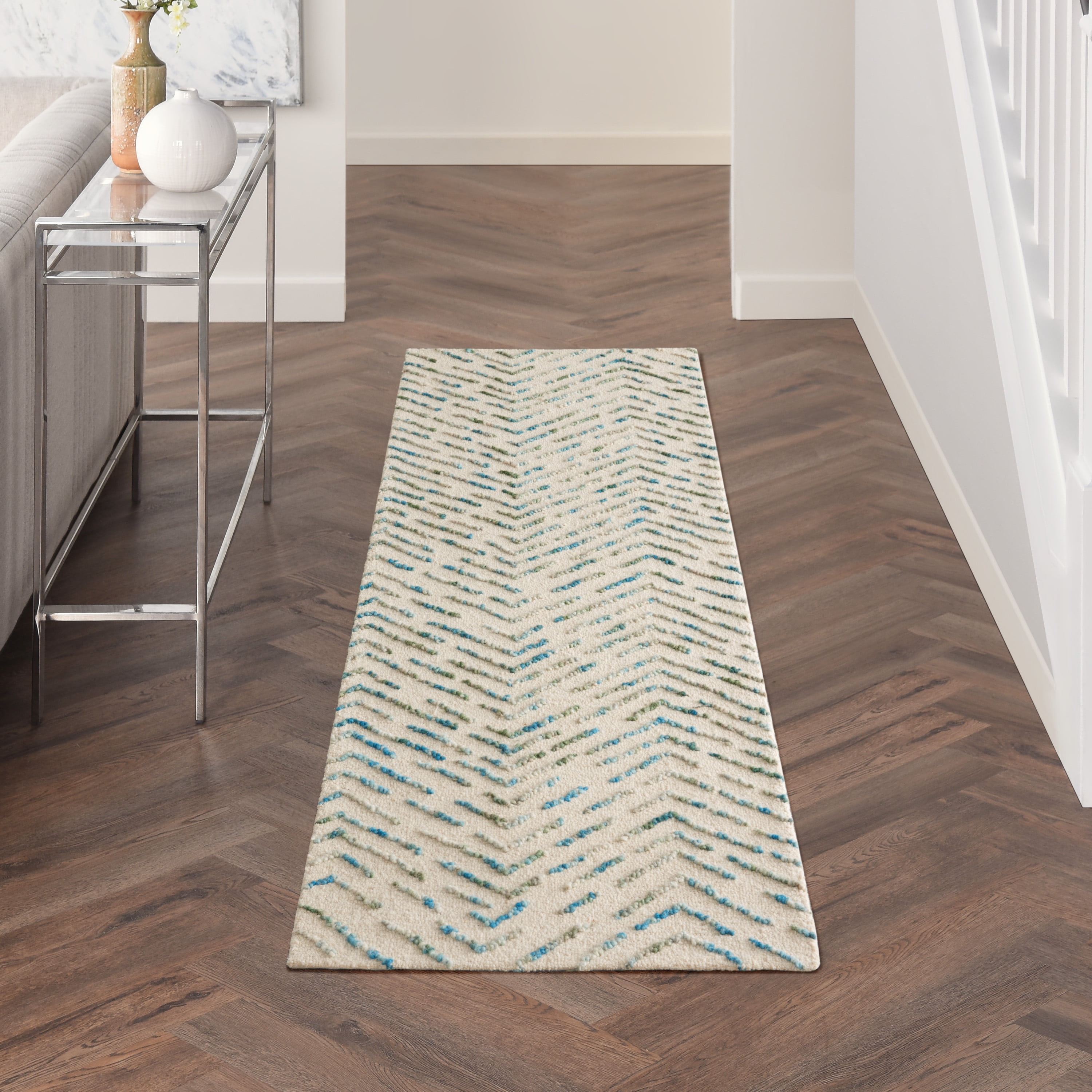 Ivory and Green Chevron Hand-Tufted Wool Area Rug