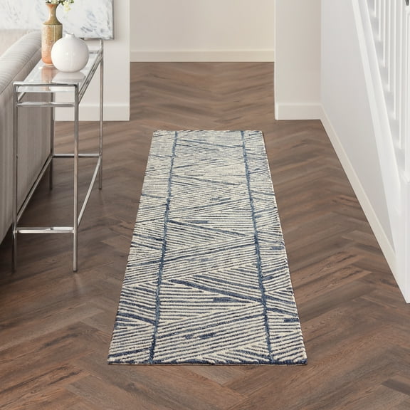 Nourison Vail Modern Eclectic White Blue 2'3" x 7'6" Area Rug, (8' Runner)