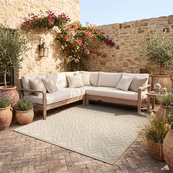 Nourison Versatile Diamond Geometric Flatweave Indoor Outdoor Area Rug Cream 9' x 12'