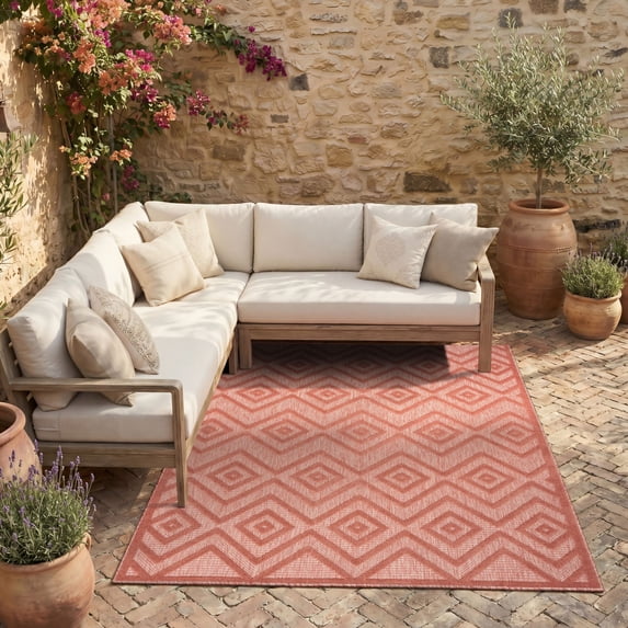 Nourison Versatile Diamond Geometric Flatweave Indoor/Outdoor Area Rug Coral/Orange 4' x 6'