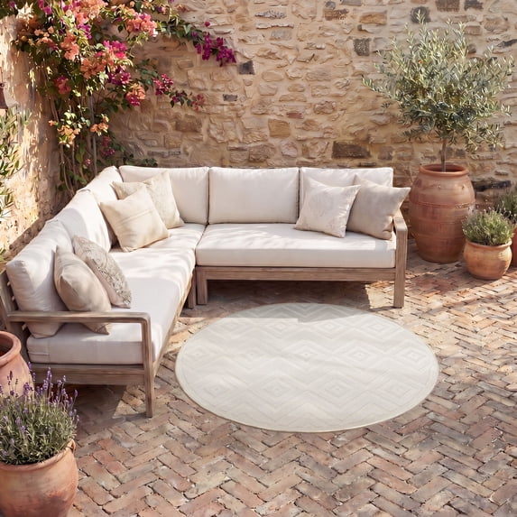 Nourison Versatile Diamond Geometric Flatweave Indoor Outdoor Round Rug Ivory White 4' x 4'