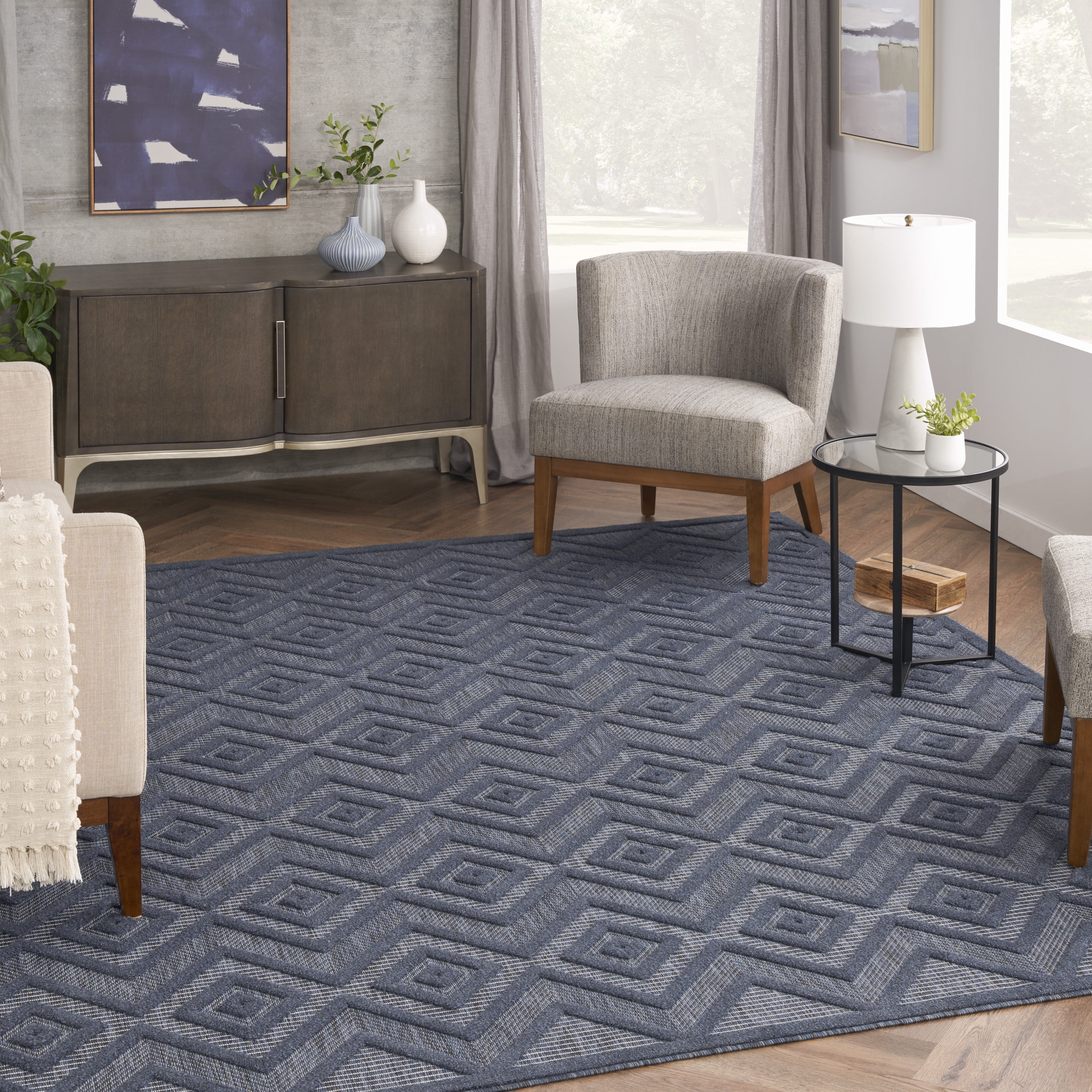 Modern Navy Diamond 7' x 10' Easy-Care Outdoor Rug