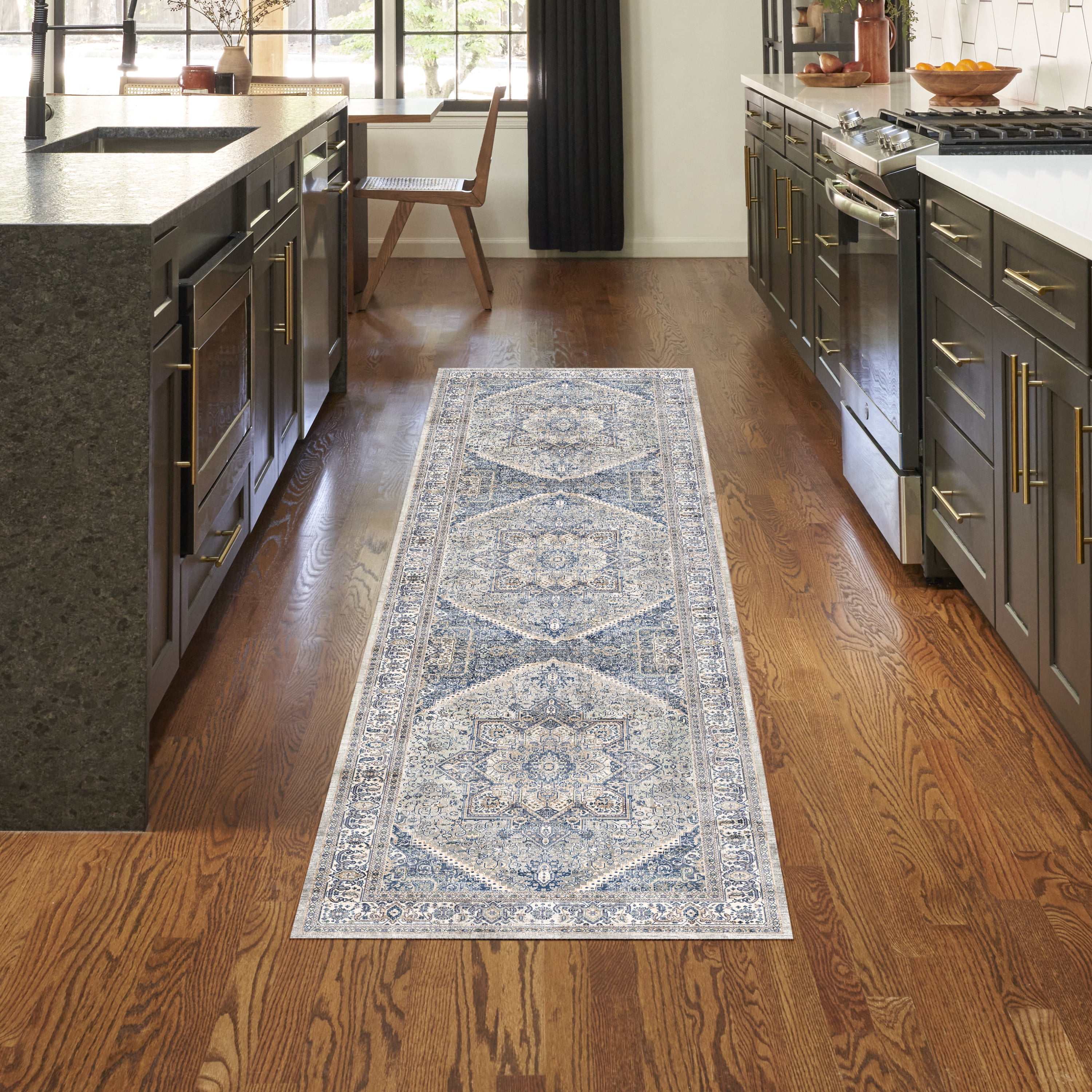 Beige Blue Floral Synthetic Flatweave Runner Rug