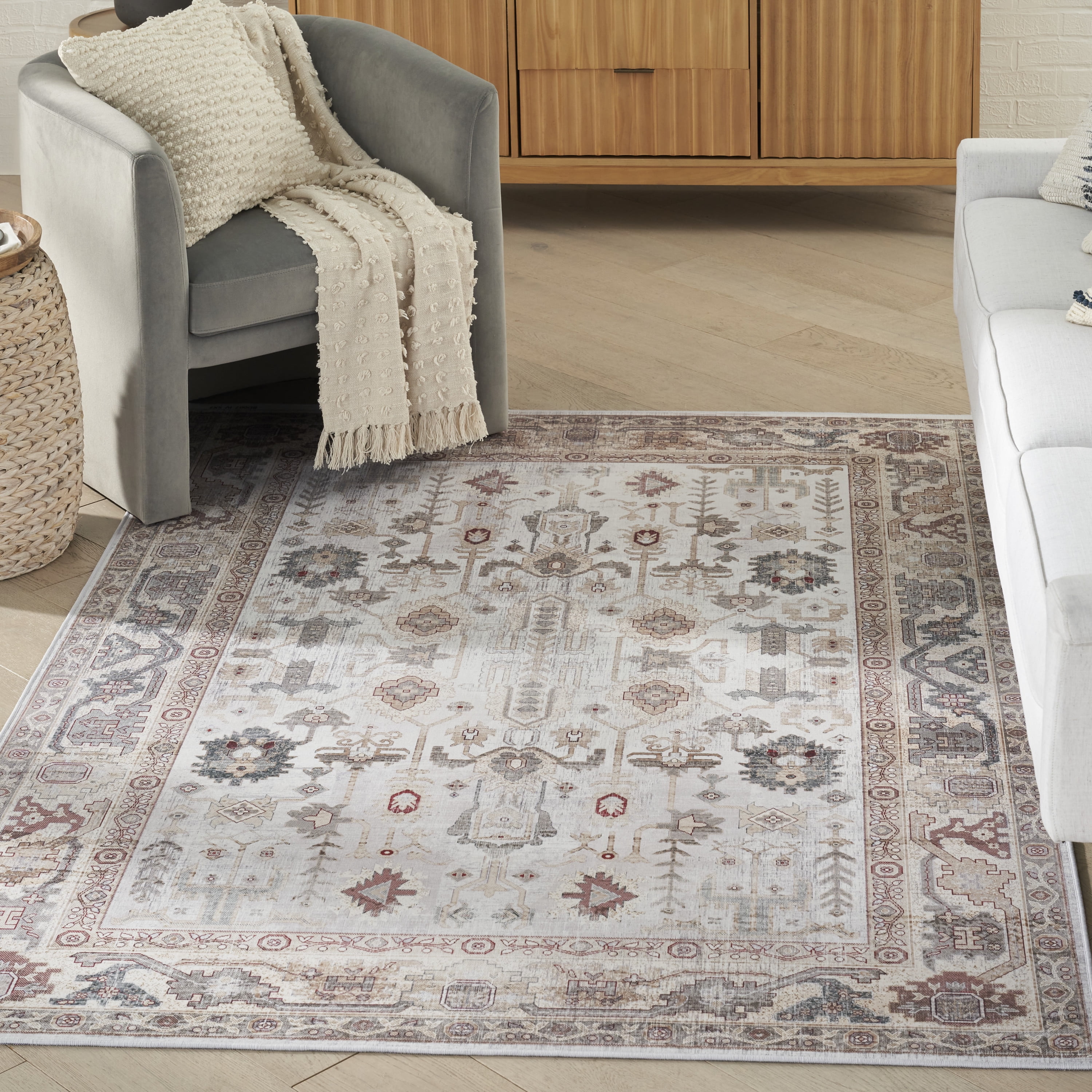 Ivory and Gray Synthetic Flat Woven Rectangular Rug 4' x 6'