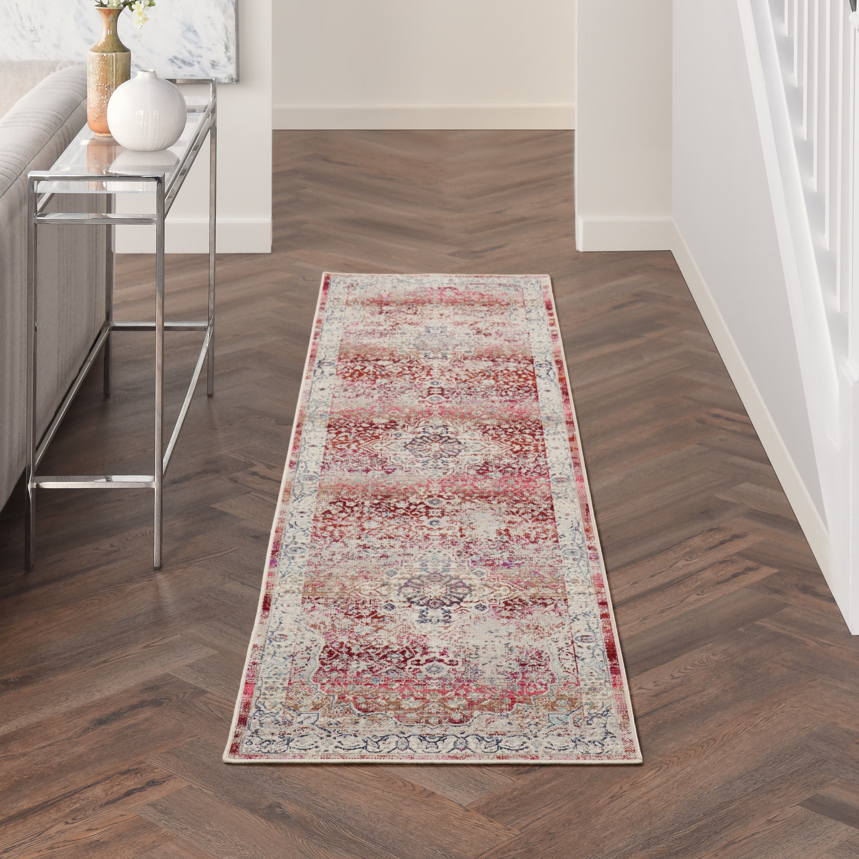 Vintage Red and Ivory Medallion Runner Rug, 2' x 6'
