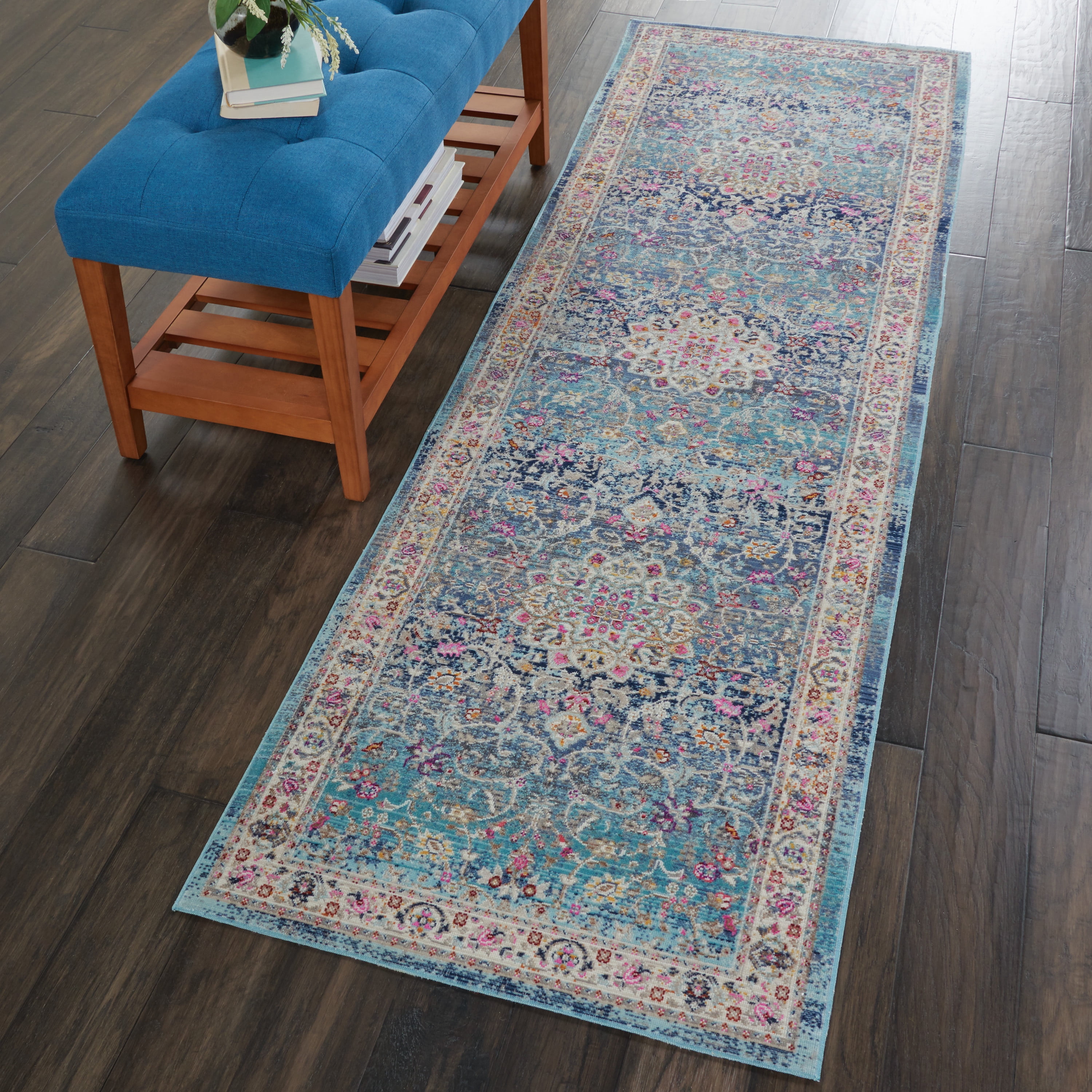 Handmade Blue Synthetic 2' x 6' Runner Rug