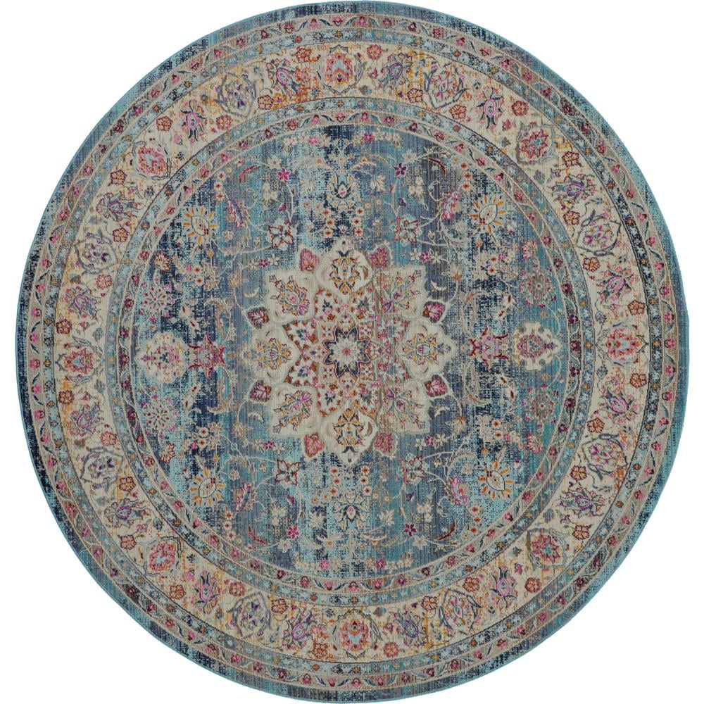 Vintage Kashan Round Blue Synthetic Persian-Inspired Rug, 6 ft