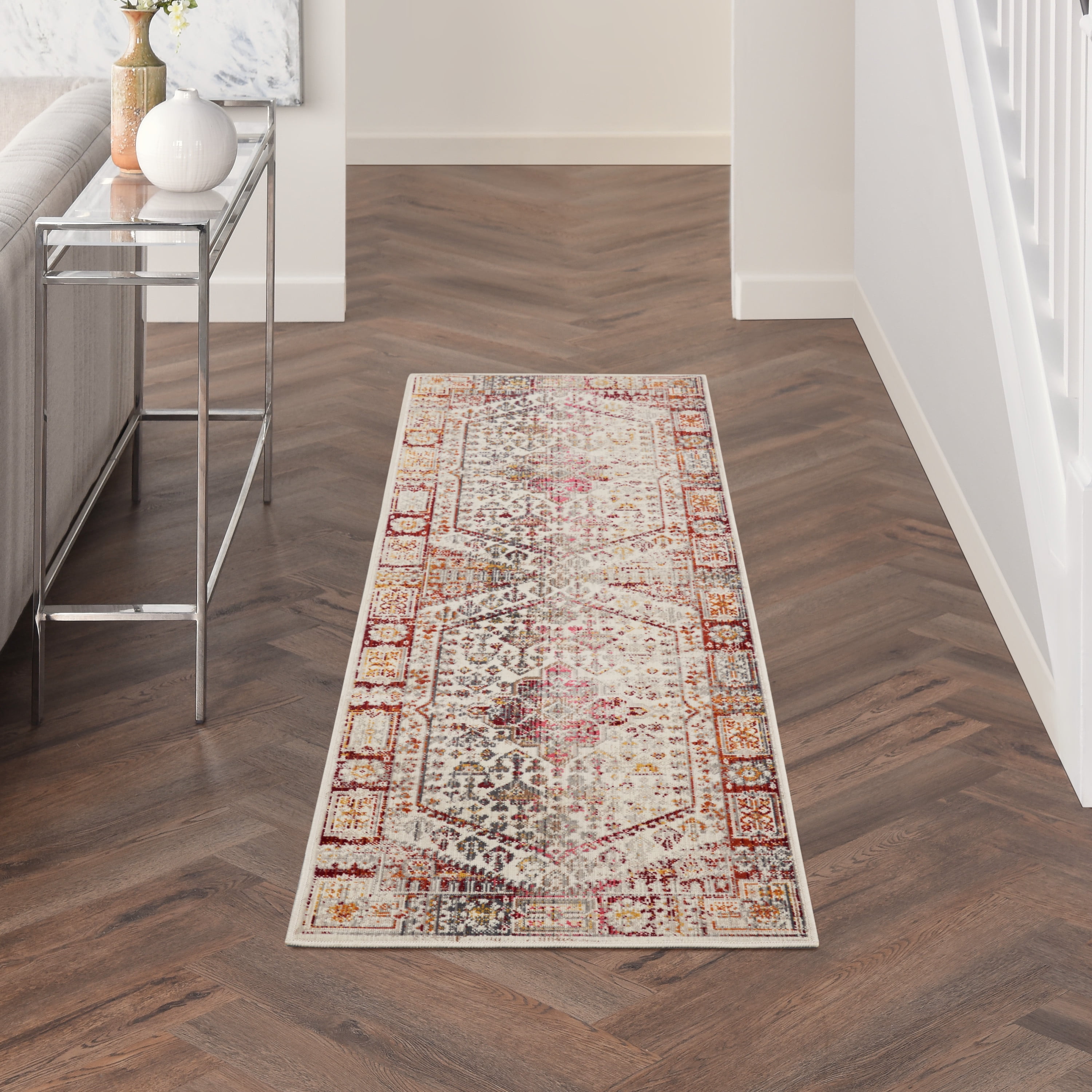Ivory and Red Synthetic Medallion Runner Rug 2'4" x 8'