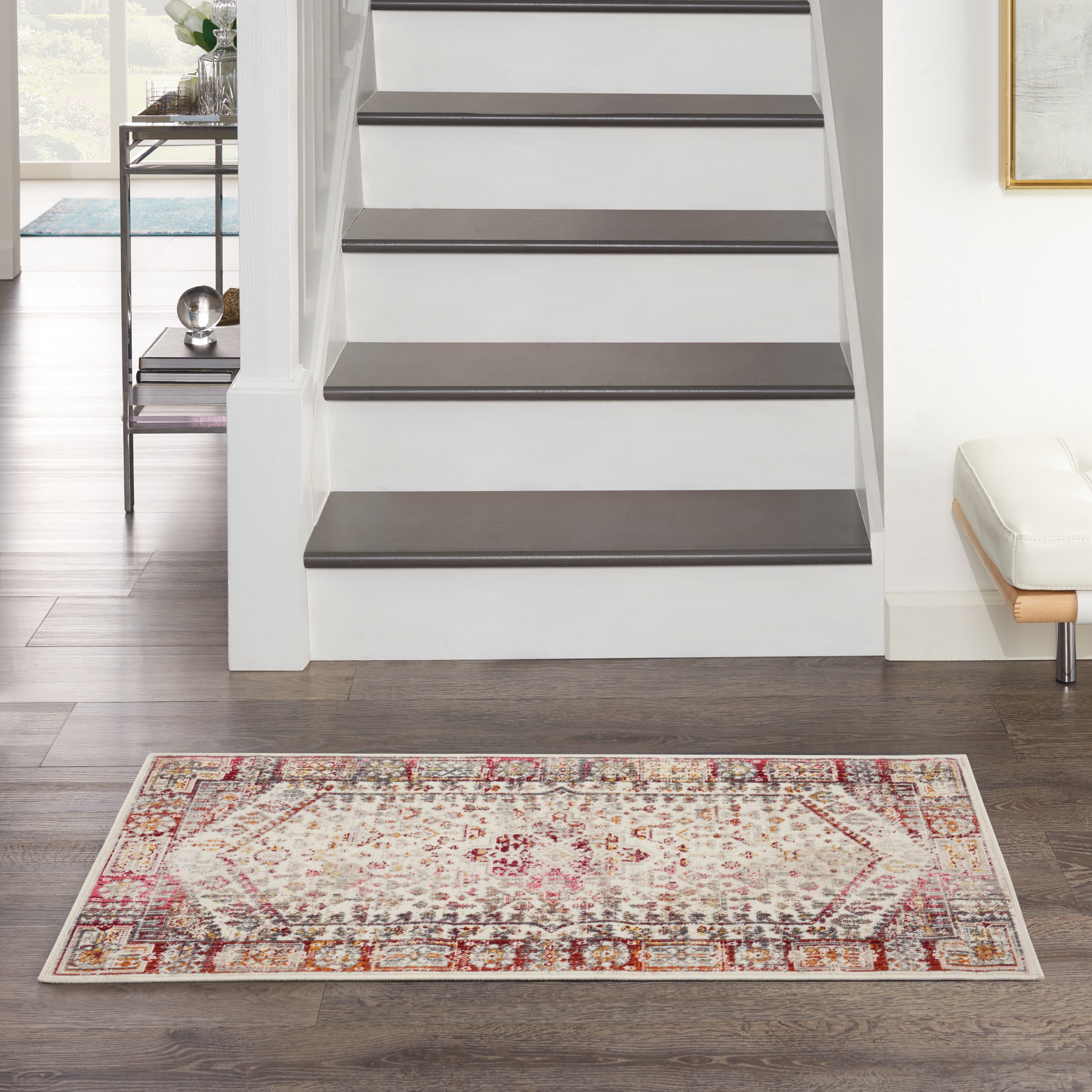 Ivory and Red Synthetic Medallion Rug, 2' x 4'