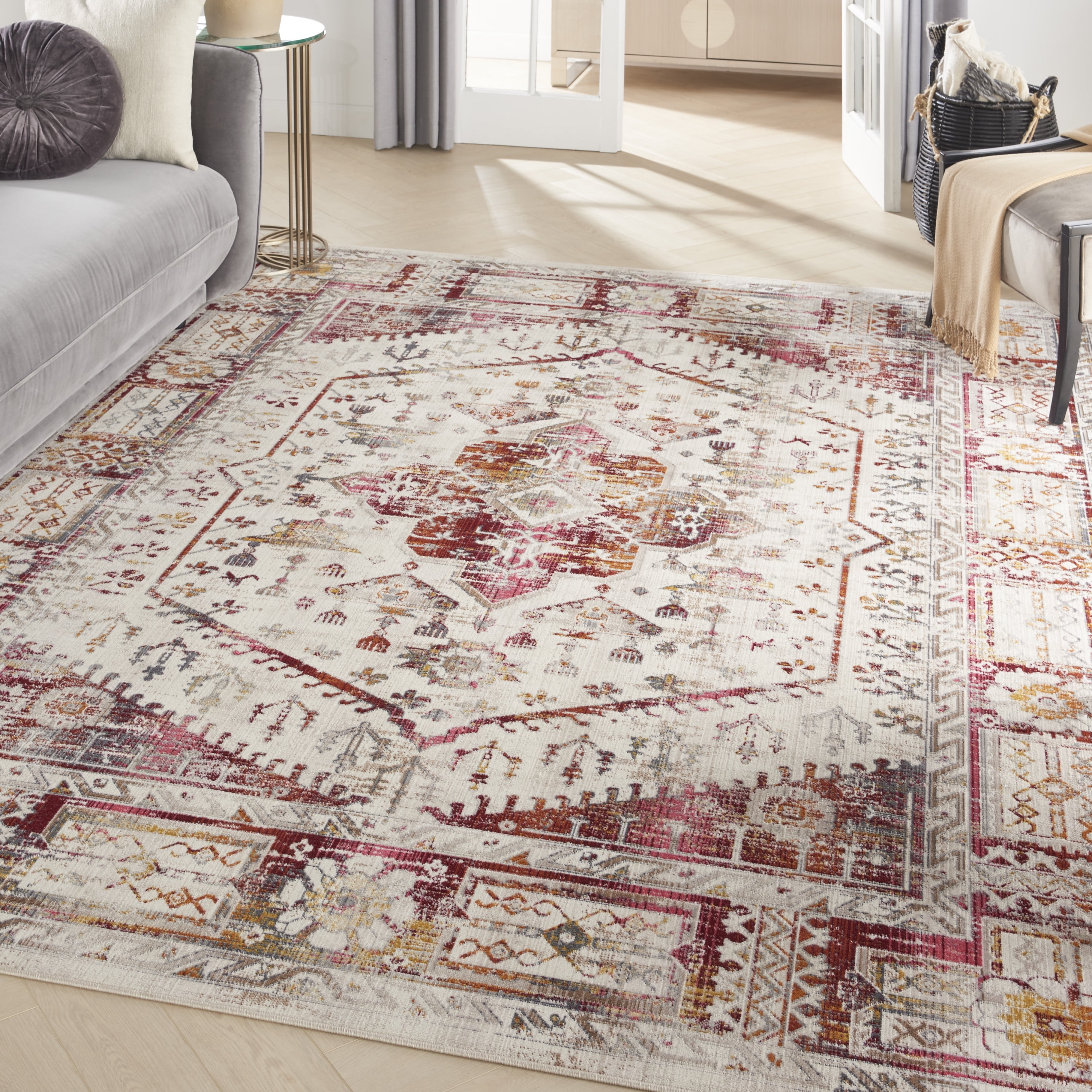 Ivory and Red Synthetic Medallion Rectangular Area Rug 7'10" x 9'10"