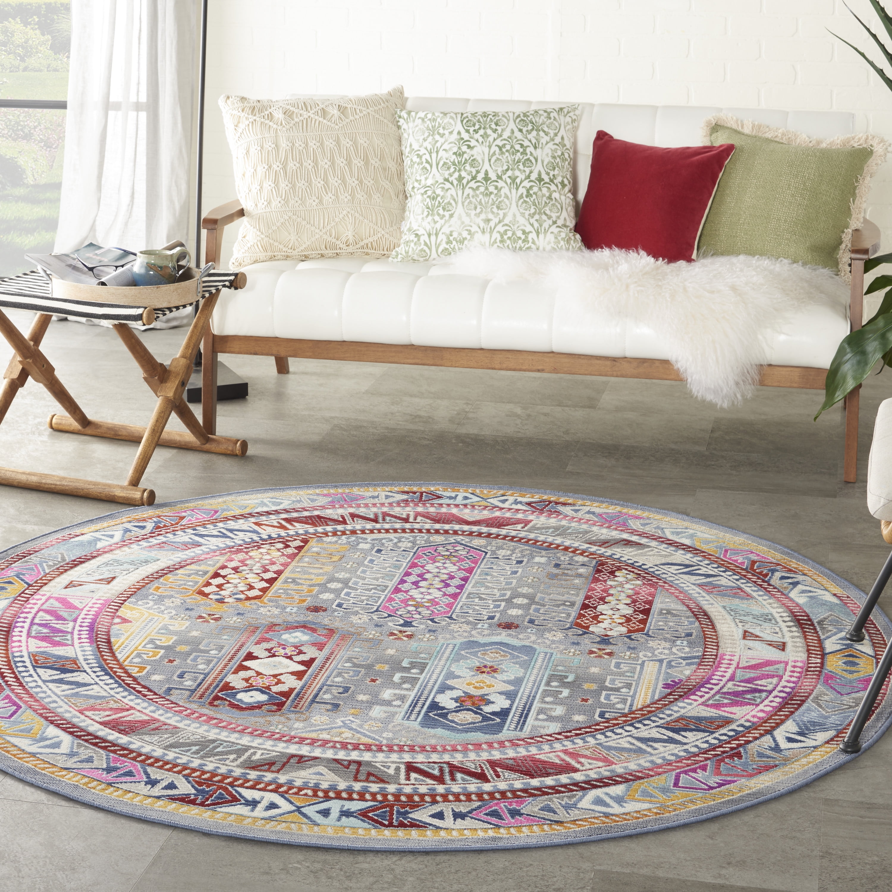 Round 6 ft Gray and Multicolor Synthetic Area Rug
