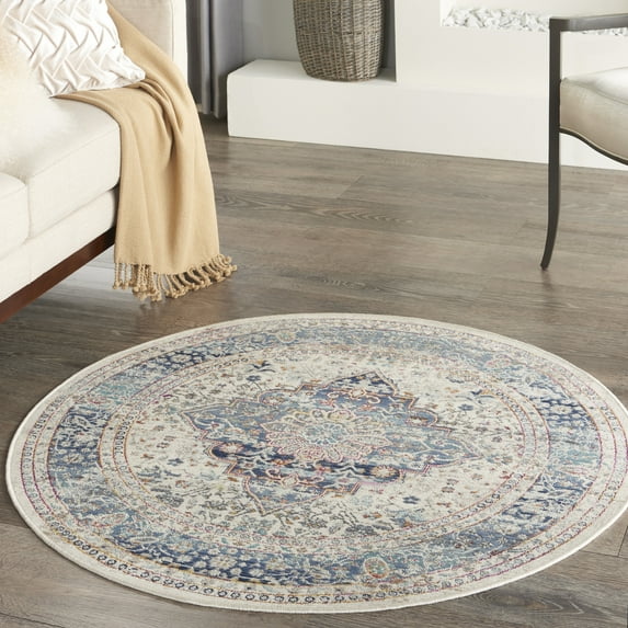 Nourison Vintage Kashan Persian Ivory Blue 4' x ROUND Area Rug, (4 Round)