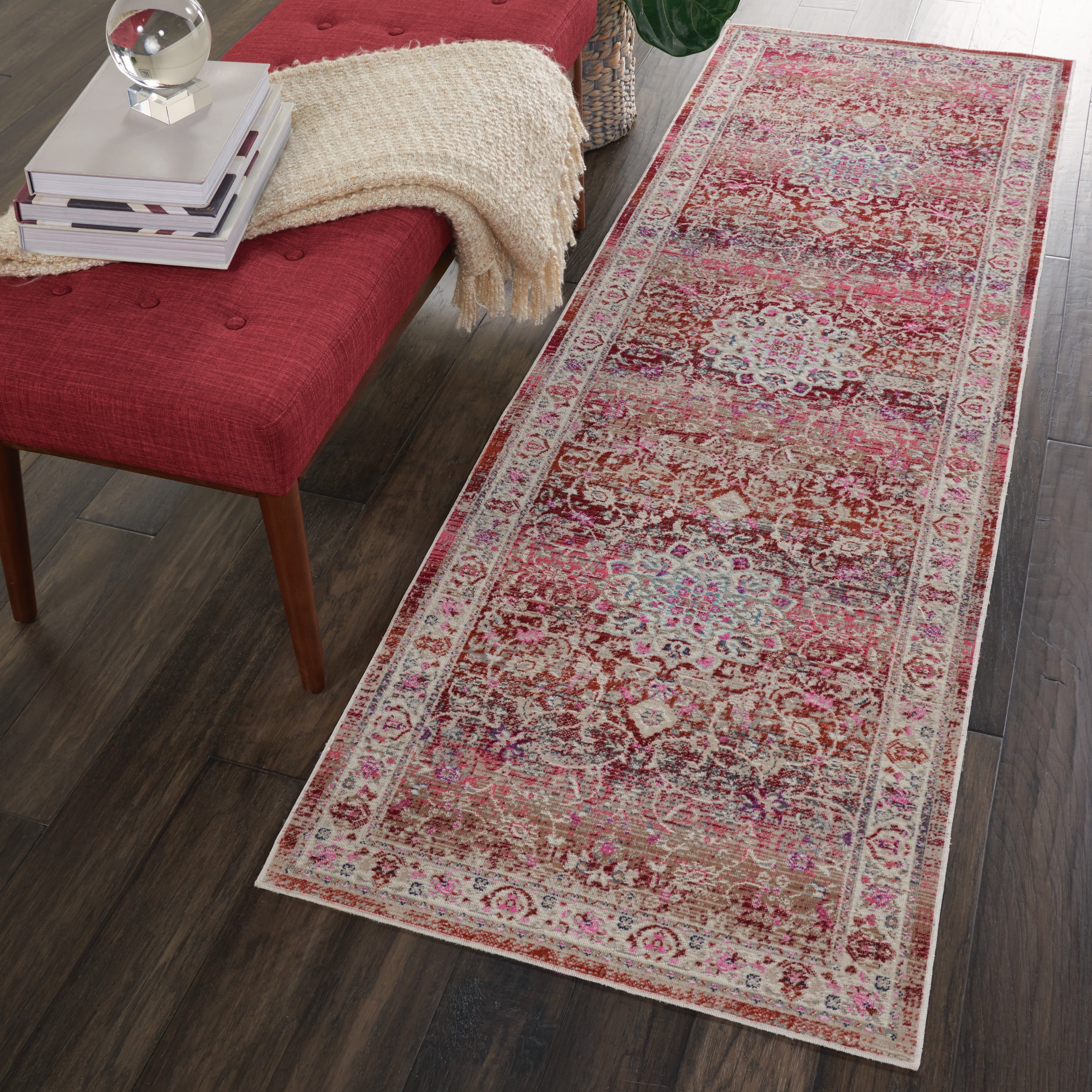 Vintage Red and Beige Wool Runner Rug 2'4" x 8'