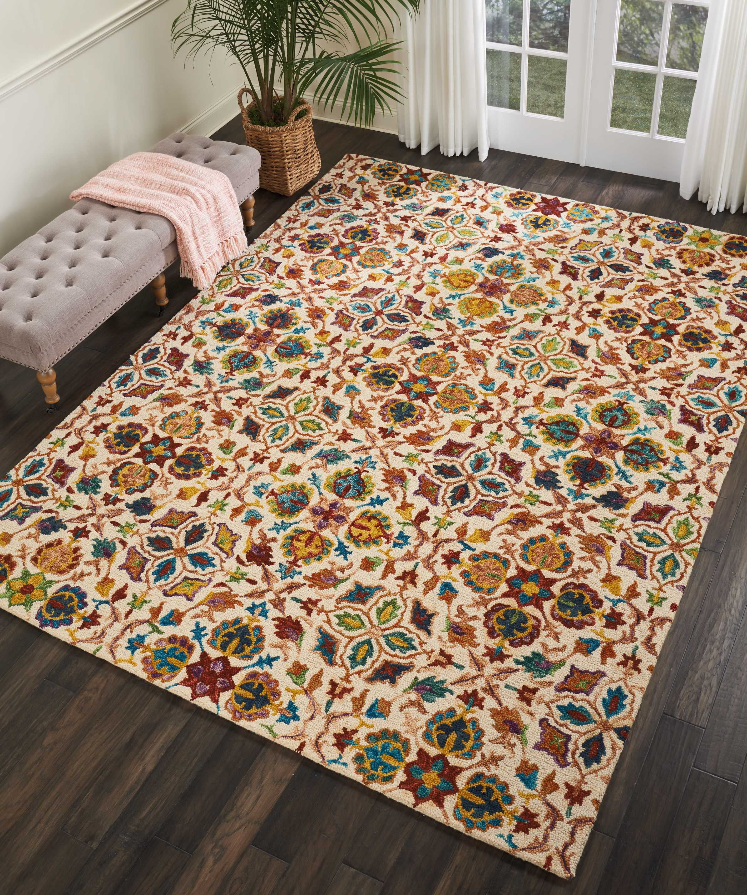 Elegant Ivory Floral Hand-Tufted Wool Area Rug 8' x 10'