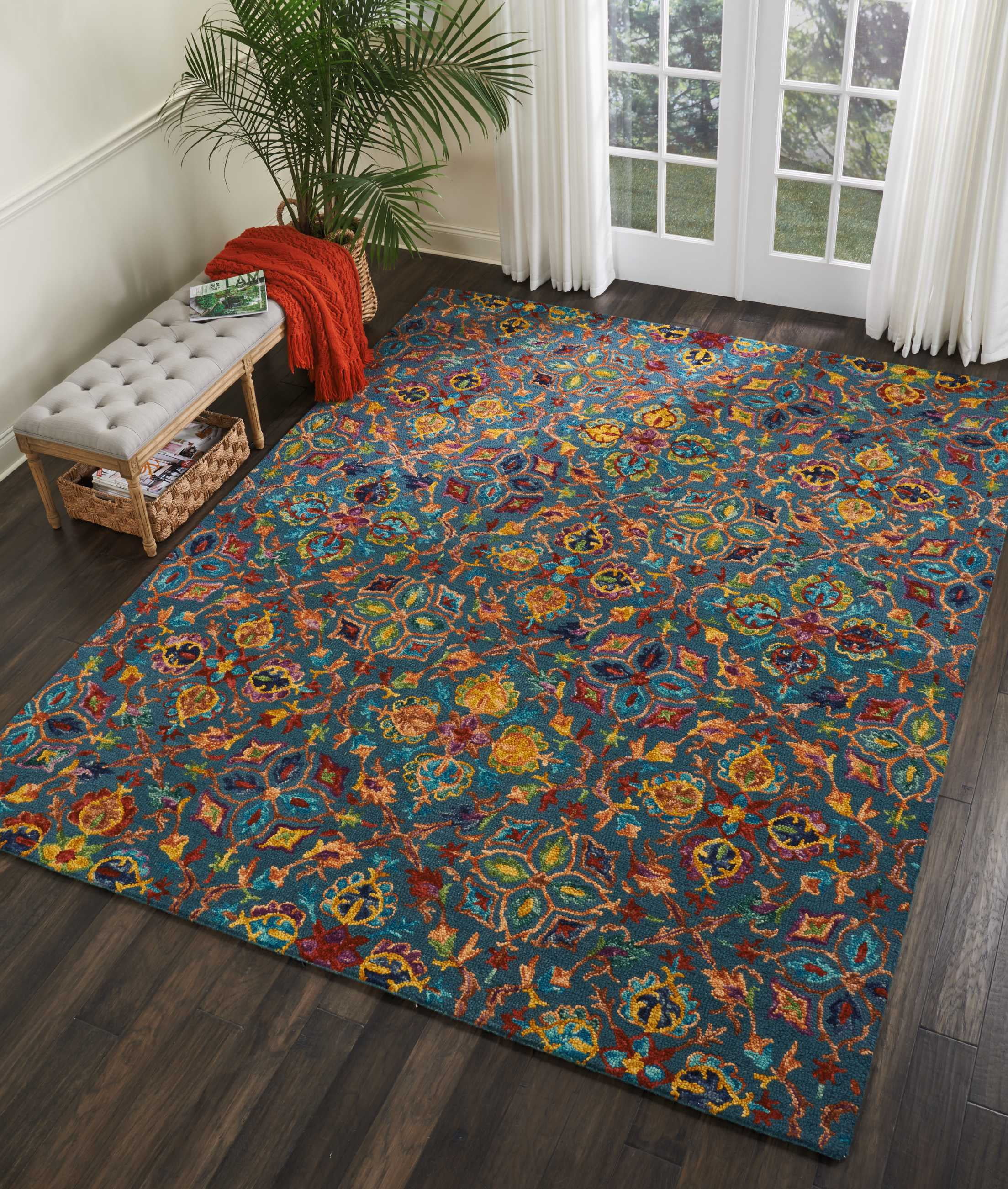 Handmade Teal Floral Tufted Wool 8' x 10' Rug