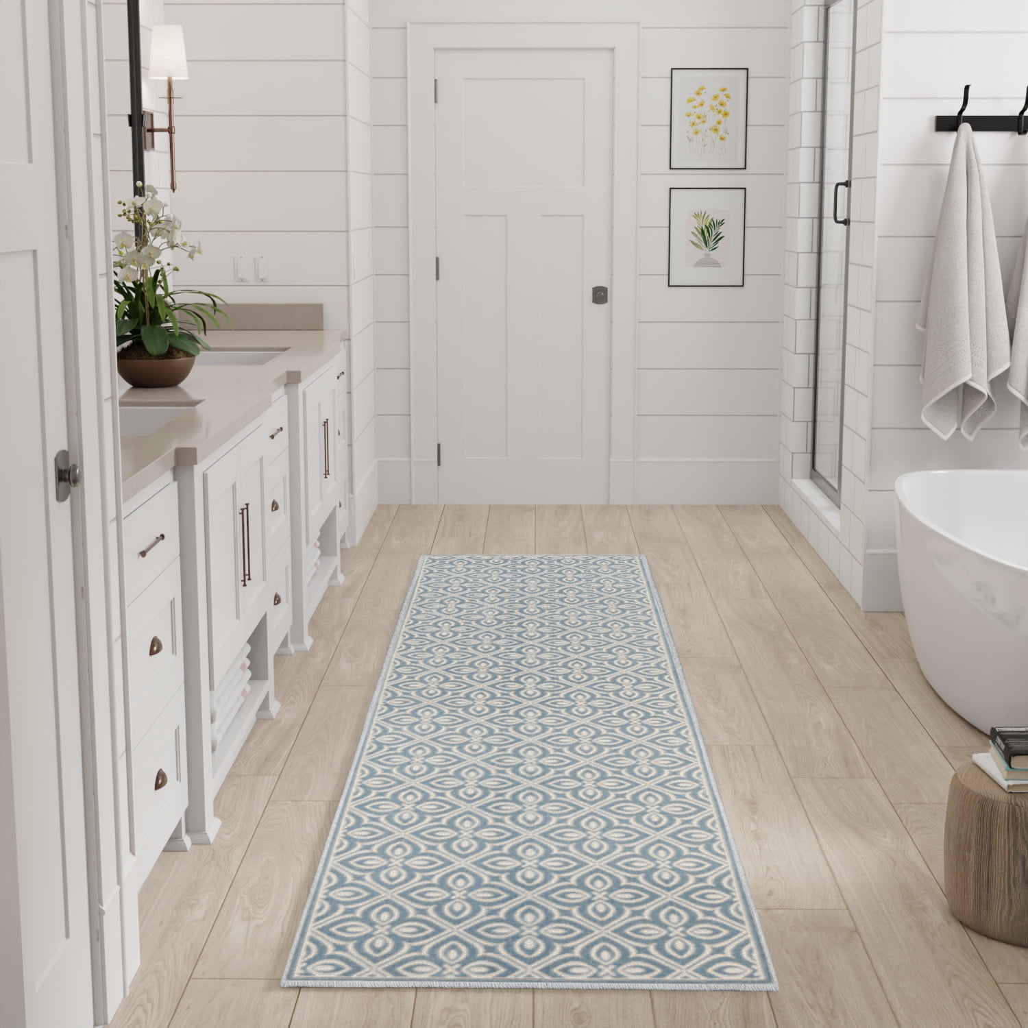 Nourison Washable Charm 2'2" x 8' Blue Ivory Contemporary Indoor Rug