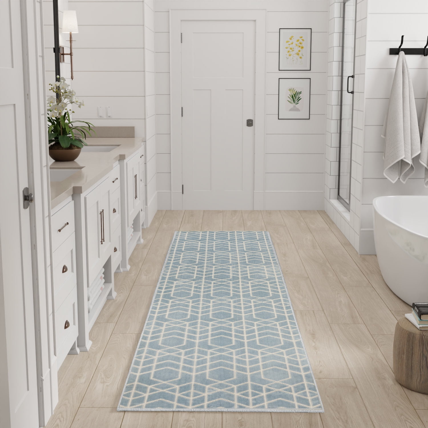 Nourison Washable Charm 2'2" x 8' Blue Ivory Modern Indoor Rug