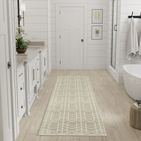 Nourison Washable Charm 2'2" x 8' Silver Ivory Modern Indoor Rug
