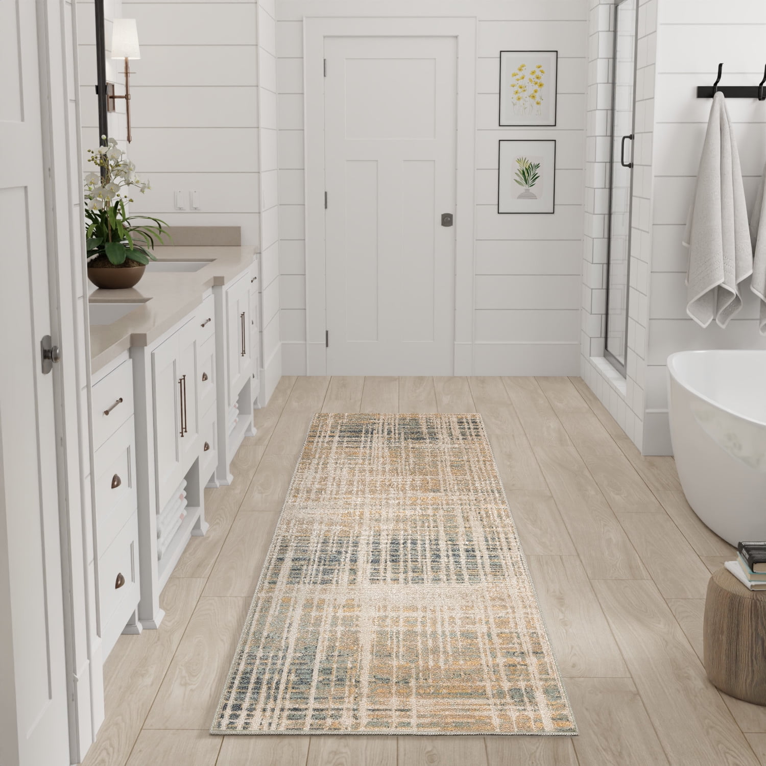 Beige Blue Abstract Polyester Machine Washable Runner Rug
