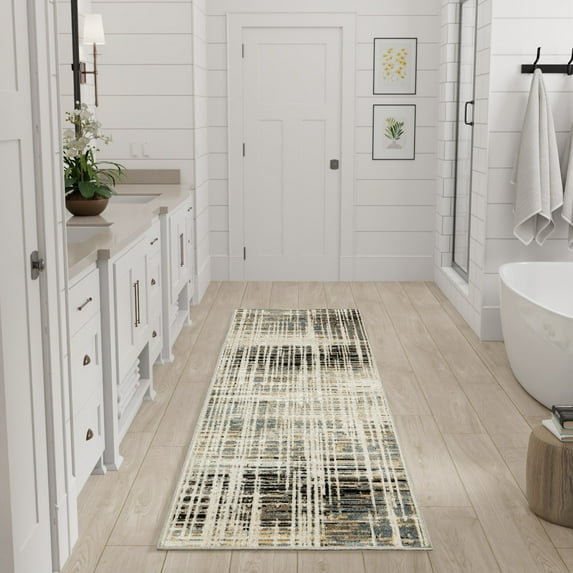 Nourison Washable Decor 2' x 6' Ivory Blue Modern Indoor Rug