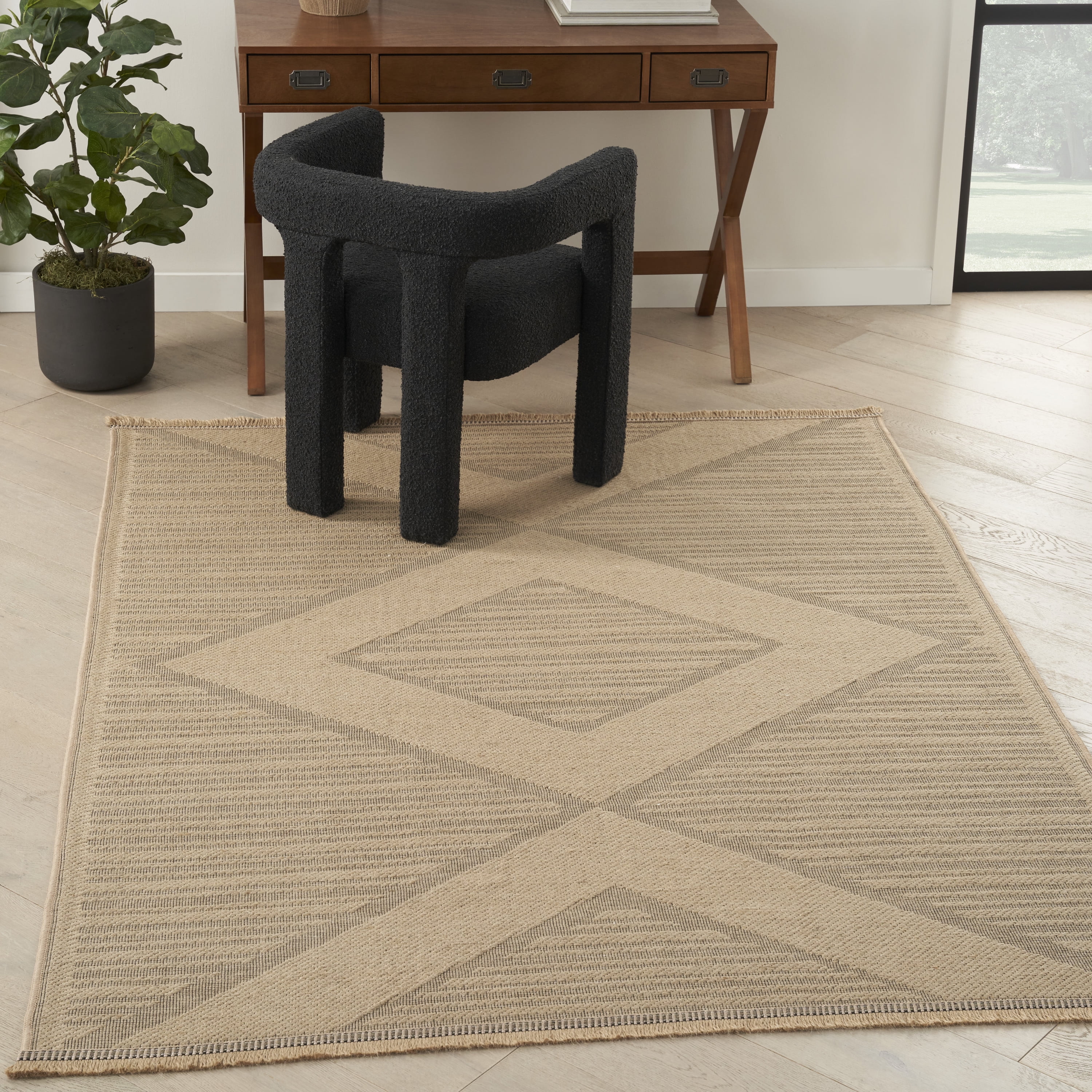 Natural Beige Geometric Washable Wool and Synthetic Rug 4' x 6'