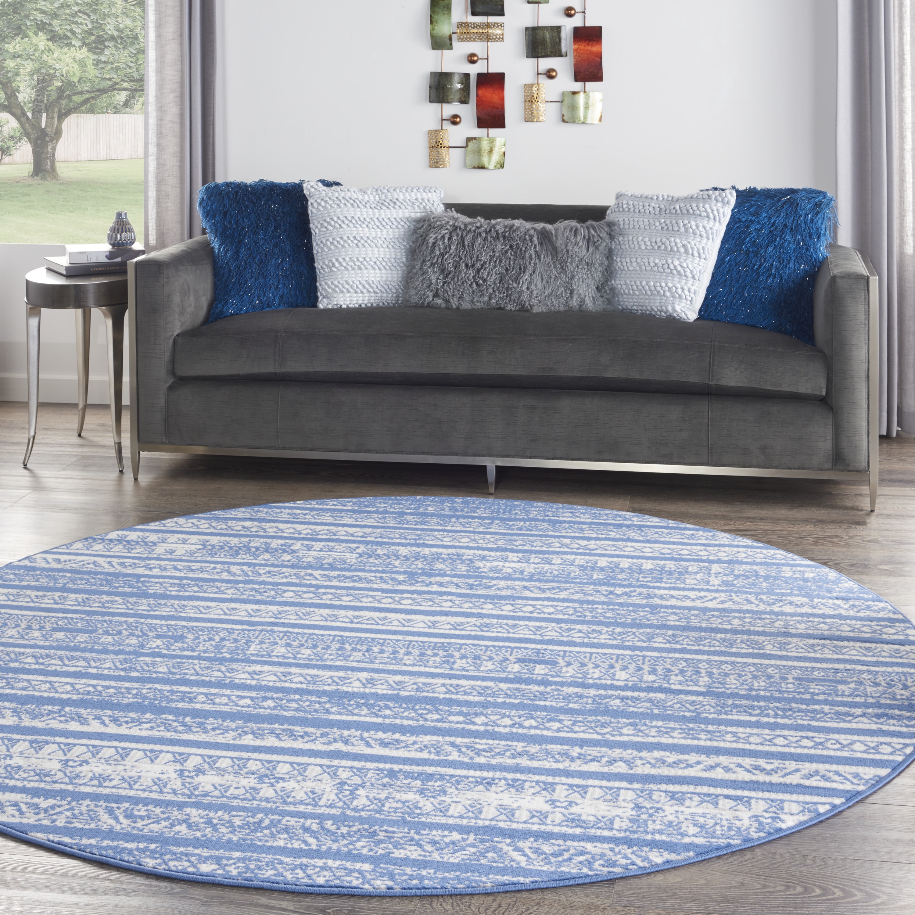 Nourison Whimsicle Bohemian Eclectic Light Blue Ivory 8' x round Area Rug, (8' Round)