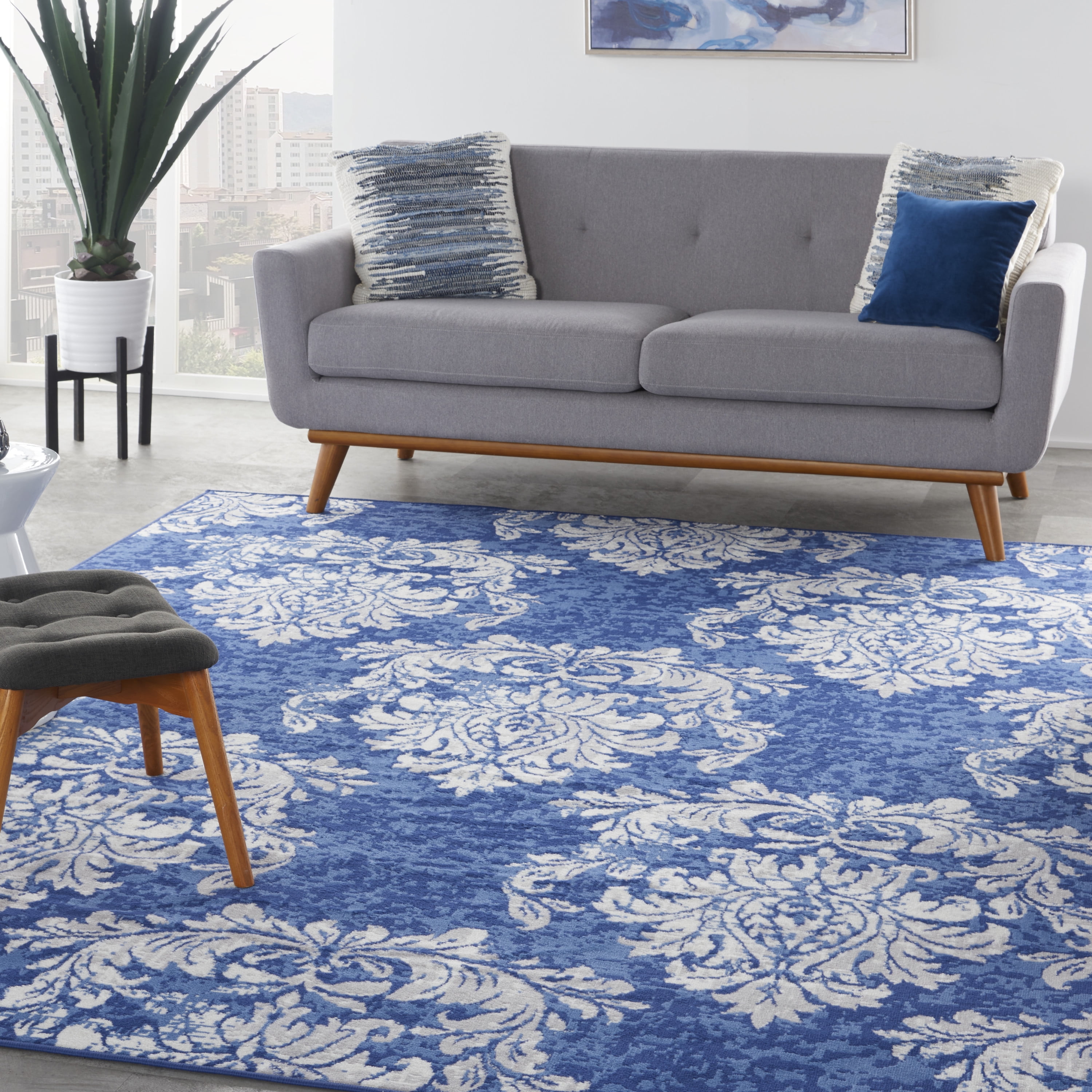 Ivory and Navy Floral Damask 8' x 10' Synthetic Area Rug