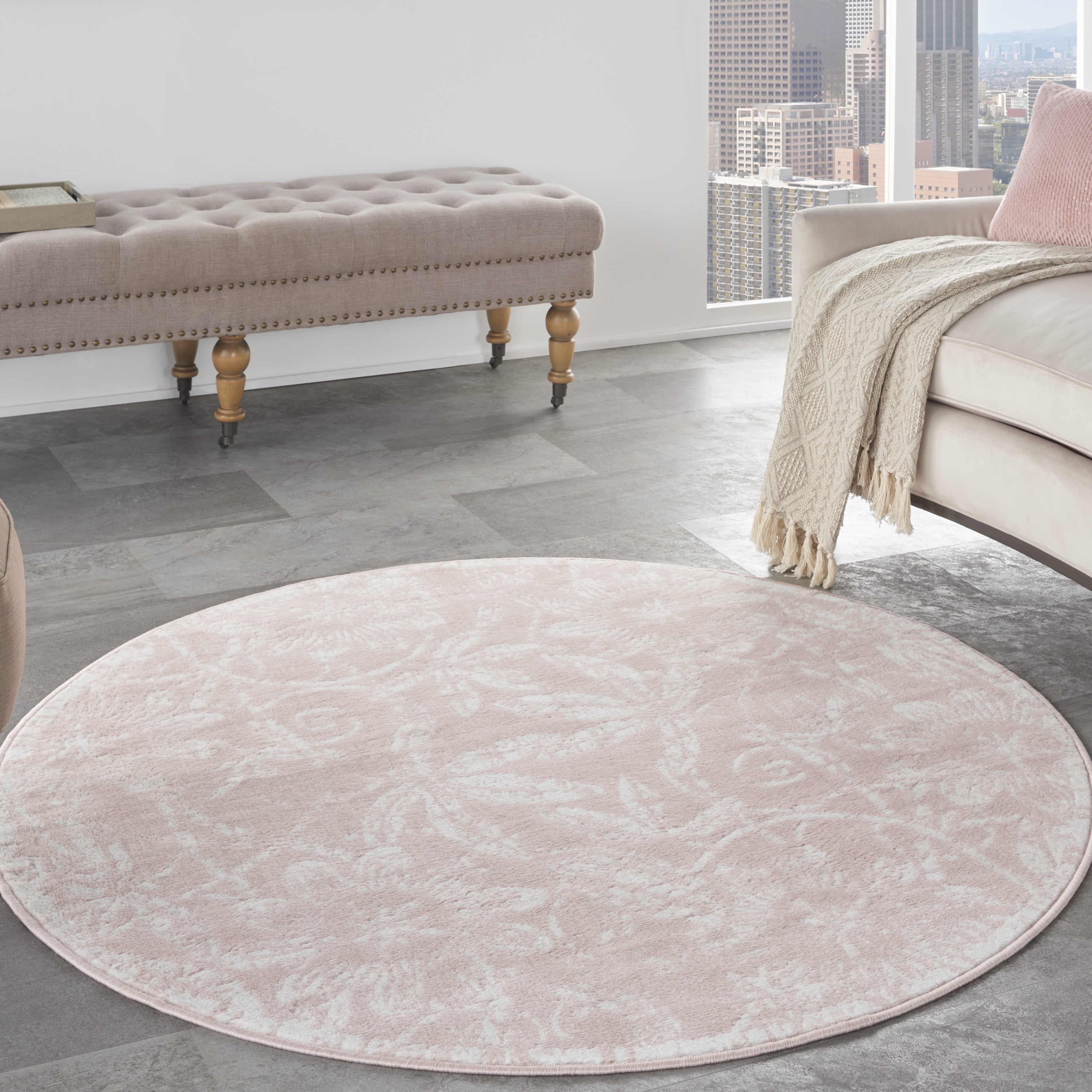 Pink Floral Round 5' Synthetic Kids Rug