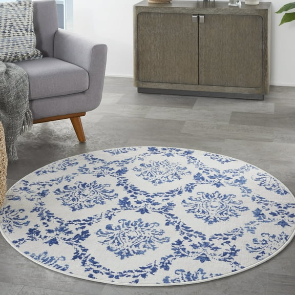 Nourison Whimsicle Botanical Farmhouse Ivory Navy 5' x round Area Rug, (5' Round)