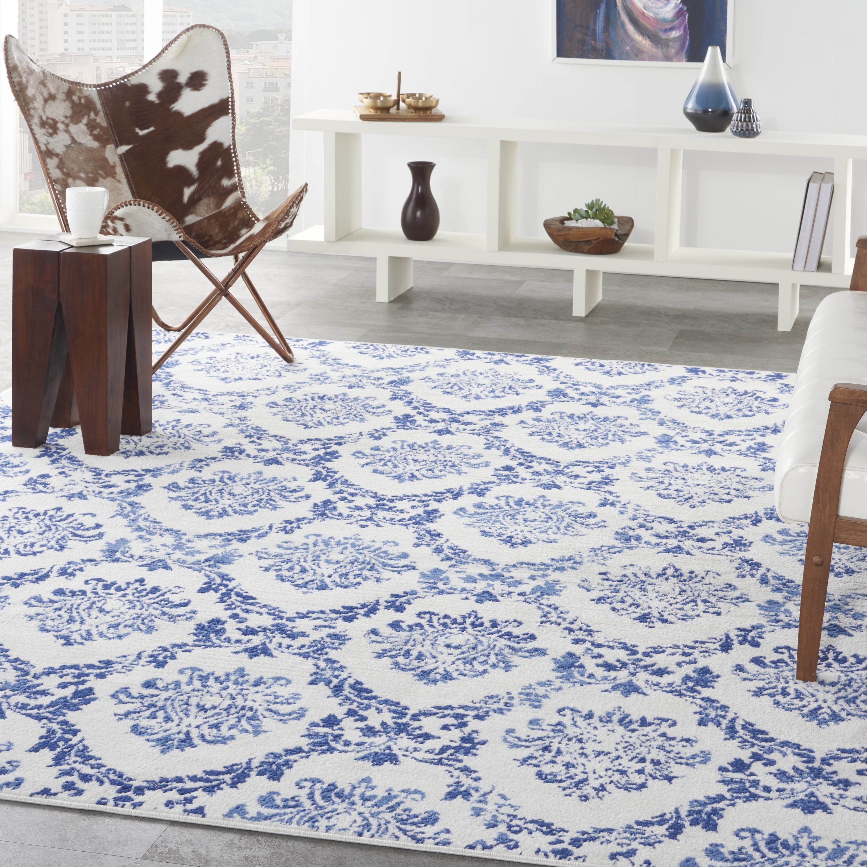 Ivory and Navy Geometric Damask 7' x 10' Area Rug