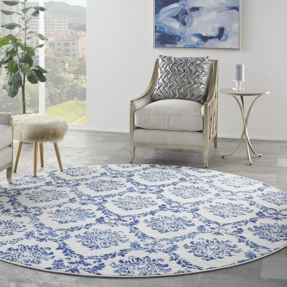 Nourison Whimsicle Botanical Farmhouse Ivory Navy 8' x round Area Rug, (8' Round)