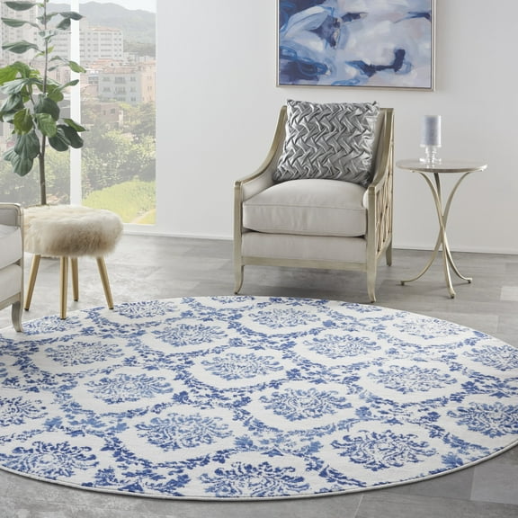 Nourison Whimsicle Botanical Farmhouse Ivory Navy 8' x round Area Rug, (8' Round)