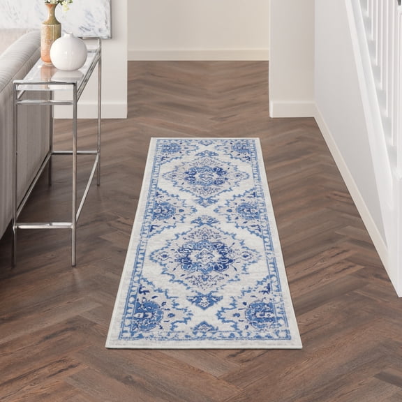 Nourison Whimsicle Classic Farmhouse Ivory Blue 2' x 8' Area Rug, (8' Runner)