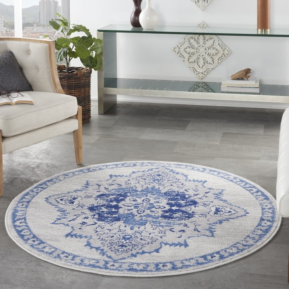 Nourison Whimsicle Classic Farmhouse Ivory Blue 5' x round Area Rug, (5' Round)