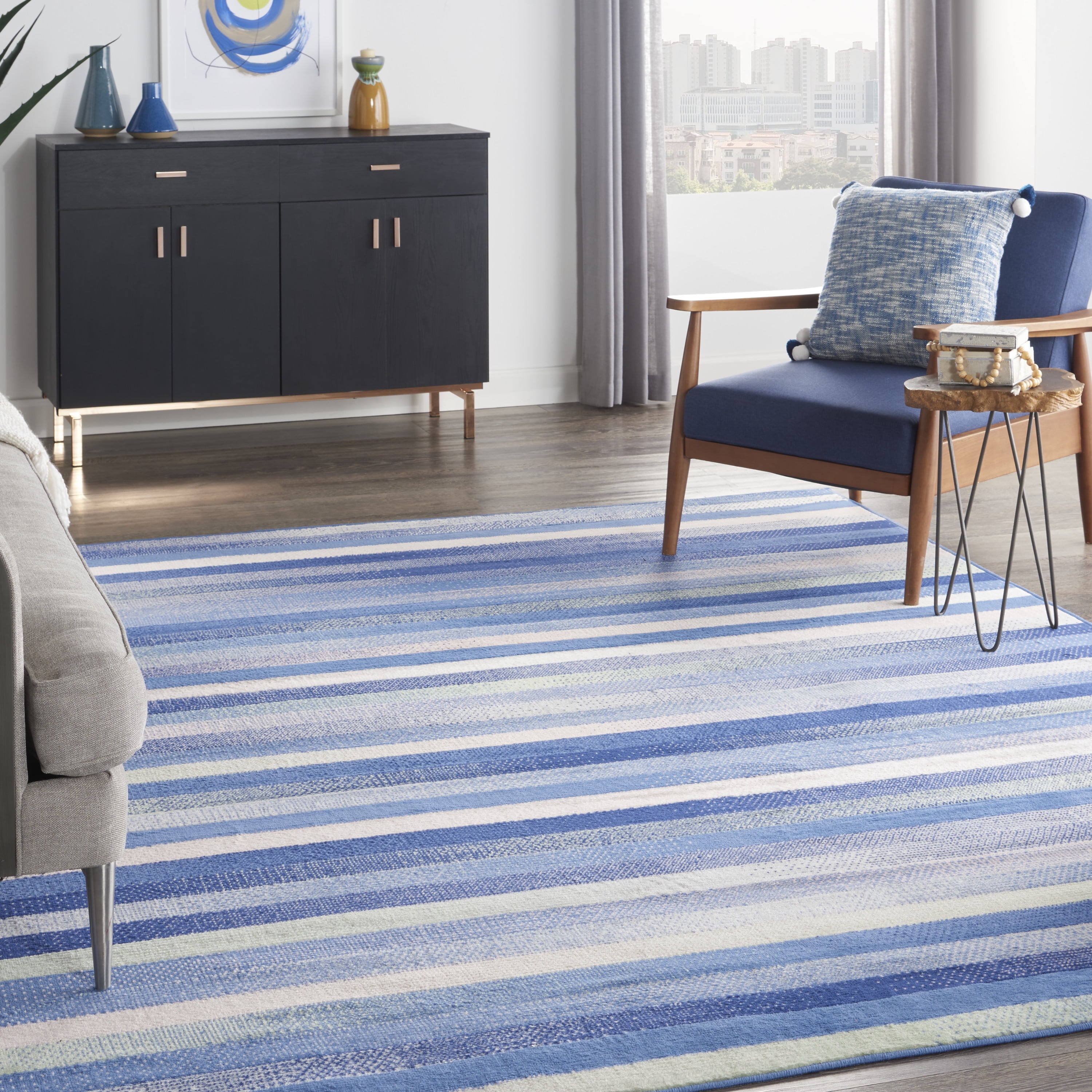 Whimsicle Blue Multicolor 8'4" x 11'6" Synthetic Stripe Rug
