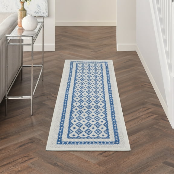 Nourison Whimsicle Modern Moroccan Ivory Blue 2' x 8' Area Rug, (8' Runner)