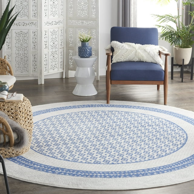 Nourison Whimsicle Modern Moroccan Ivory Blue 8' x round Area Rug, (8' Round)