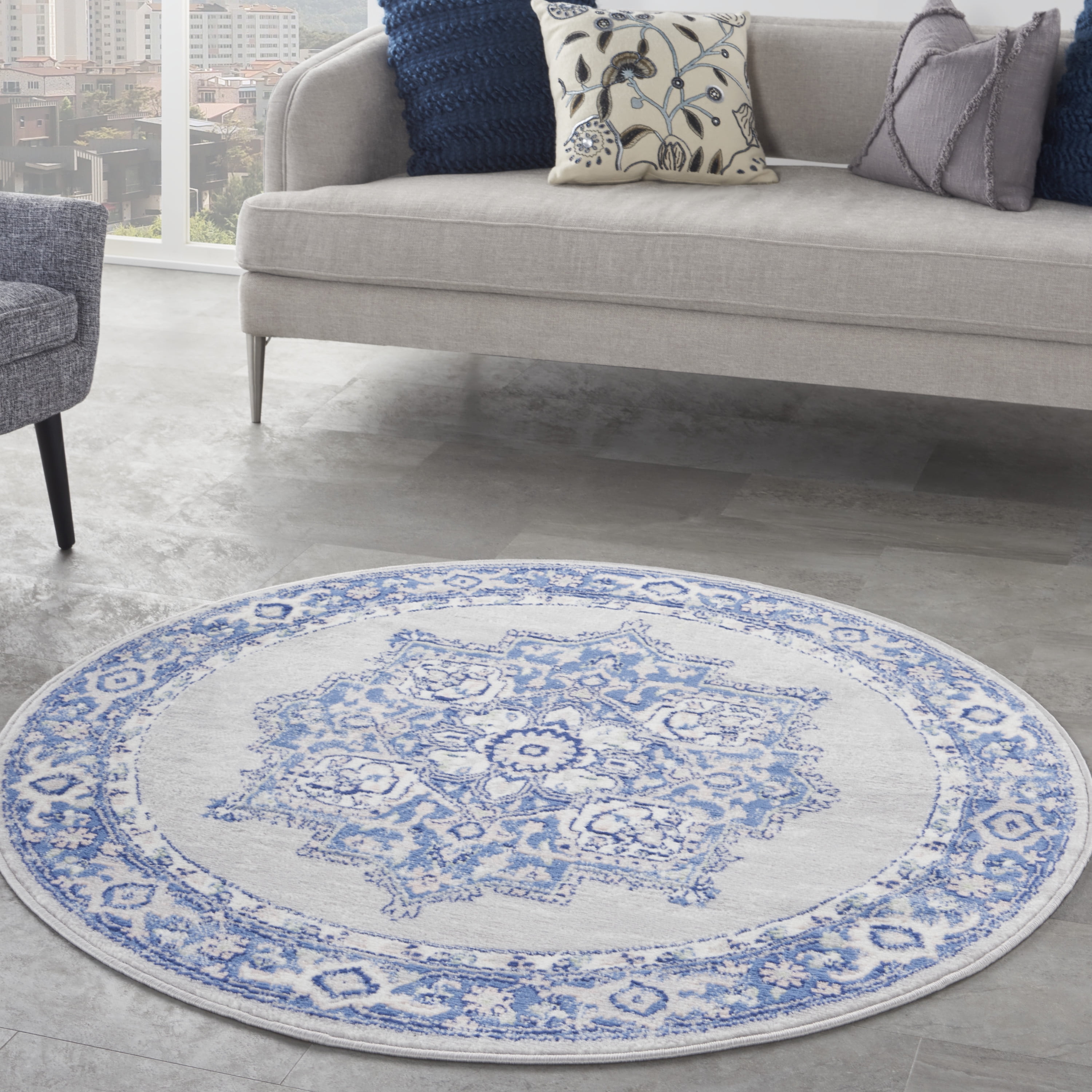 Nourison Whimsicle Persian Farmhouse Grey Blue 5' x round Area Rug, (5' Round)