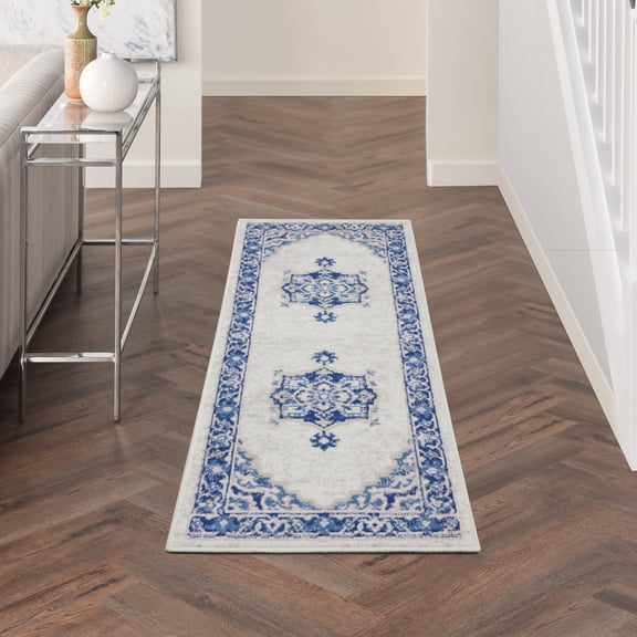 Nourison Whimsicle Persian Farmhouse Ivory Blue 2' x 6' Area Rug, (6' Runner)