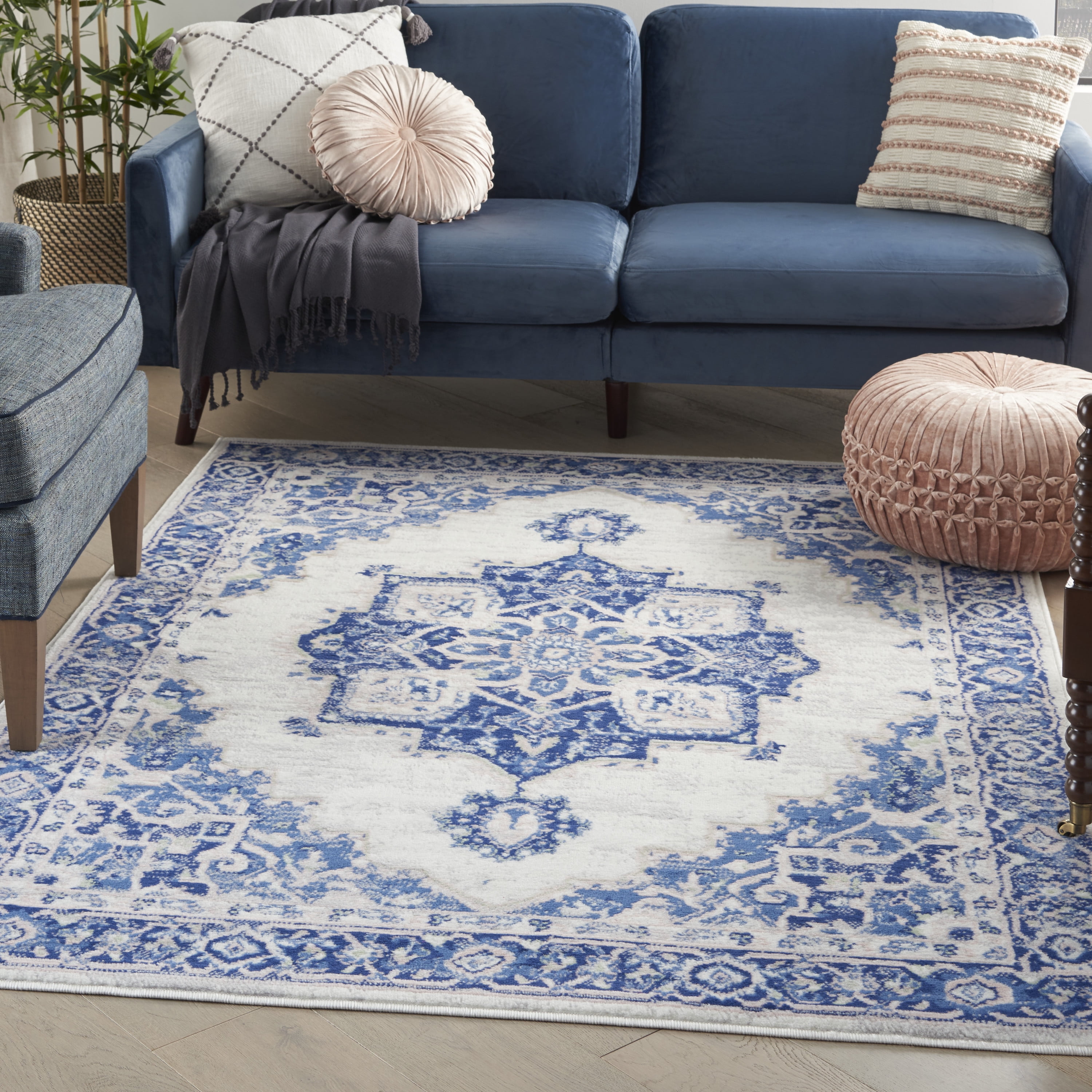 Ivory Blue Floral 4' x 6' Reversible Synthetic Area Rug