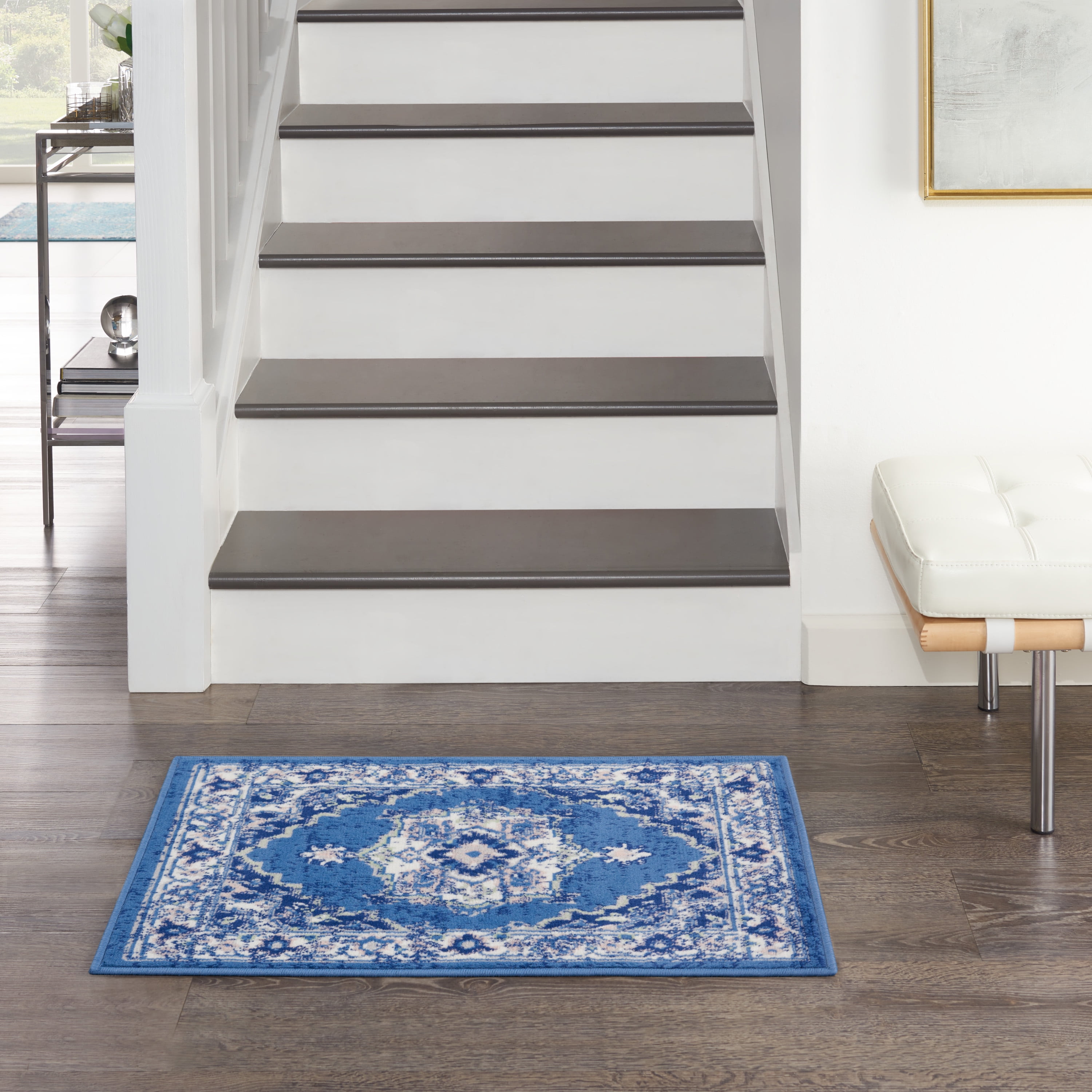 Navy Floral Synthetic Rectangular 2' x 3' Area Rug