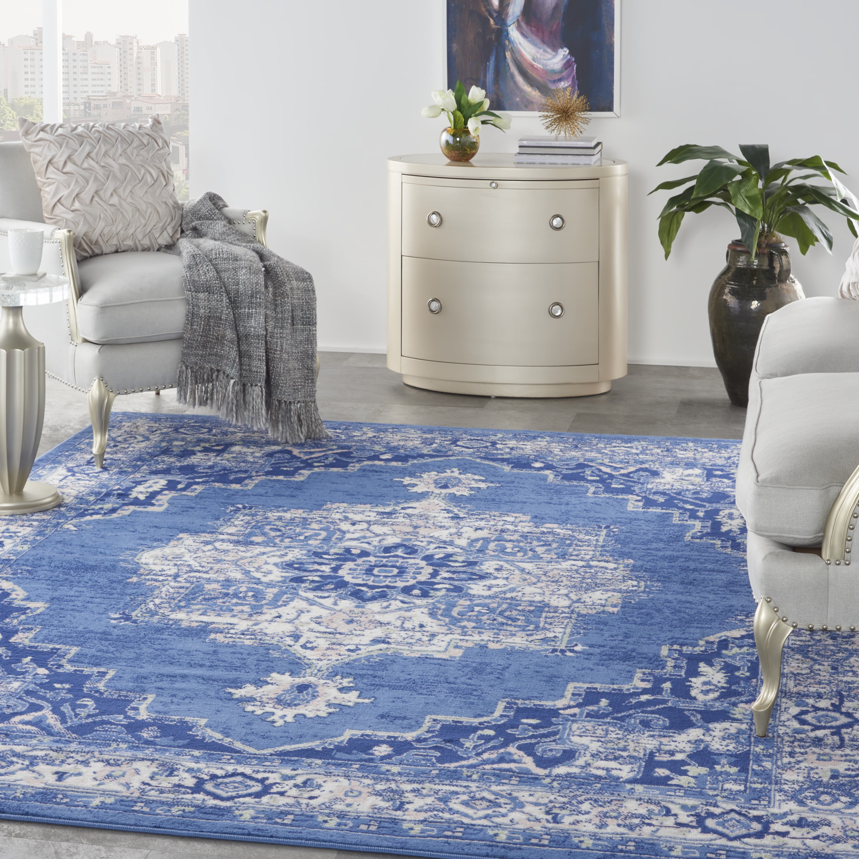 Navy Floral Essence 8' x 10' Easy-Care Synthetic Rectangular Rug