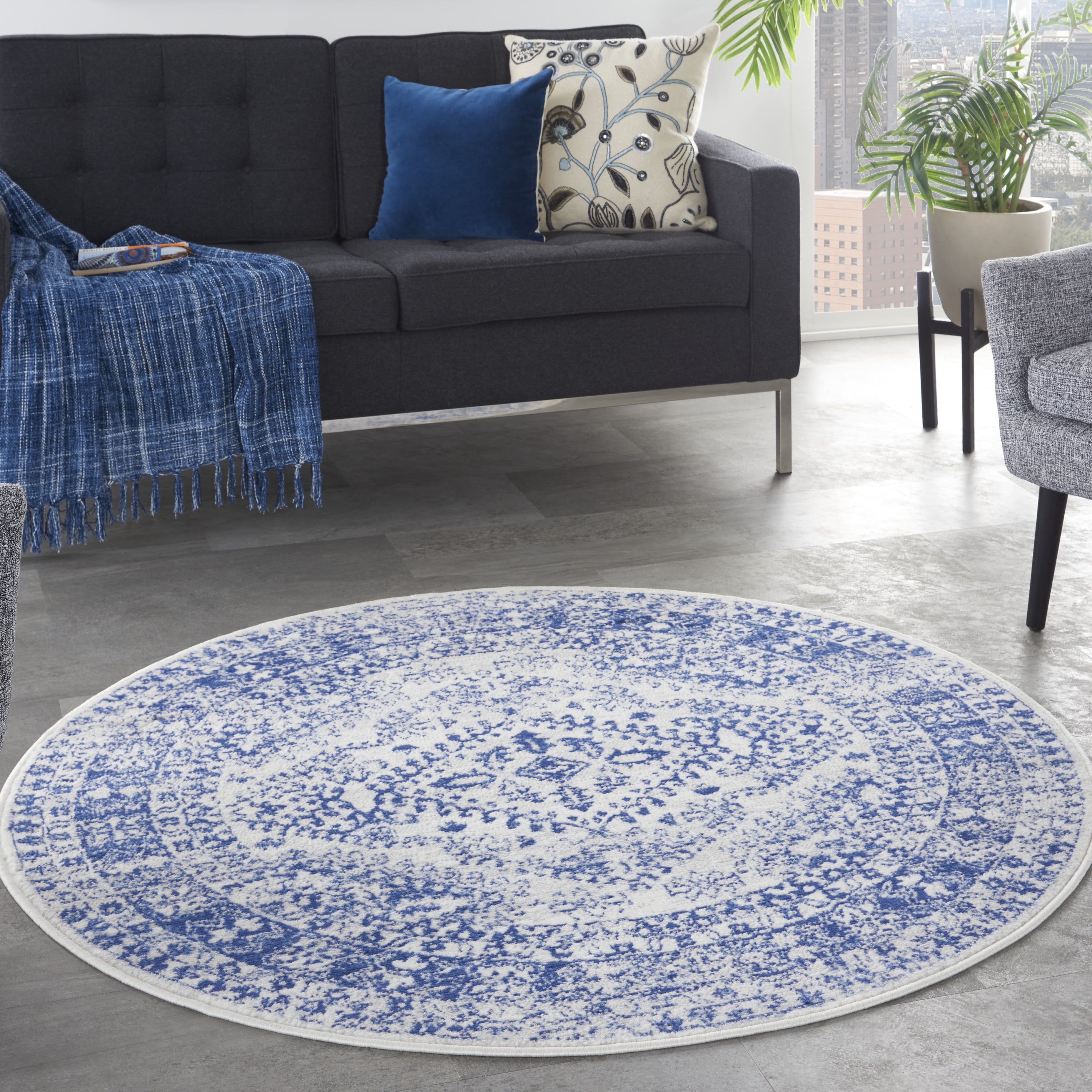 Nourison Whimsicle Rustic Farmhouse Ivory Navy 5' x round Area Rug, (5' Round)