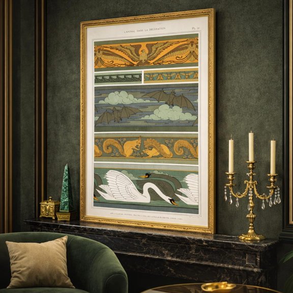 Nouveau Animal Borders Decorative Design Plate French Ornamental Pattern Rustic Landscape Wall Art Decor Unframed Paper Print