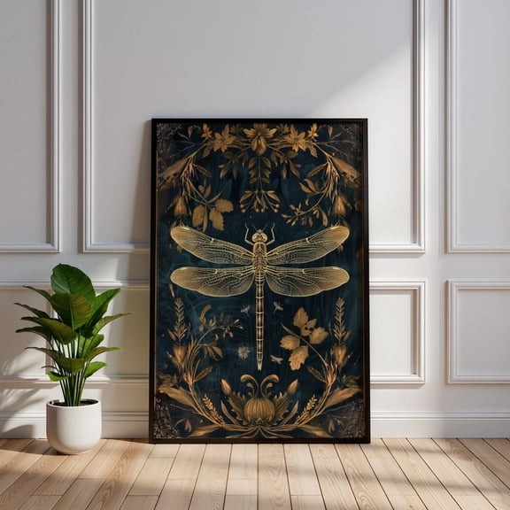 Nouveau Dragonfly Gold Botanical Vintage Insect Illustration Dark Academia Poster Unframed Paper Print
