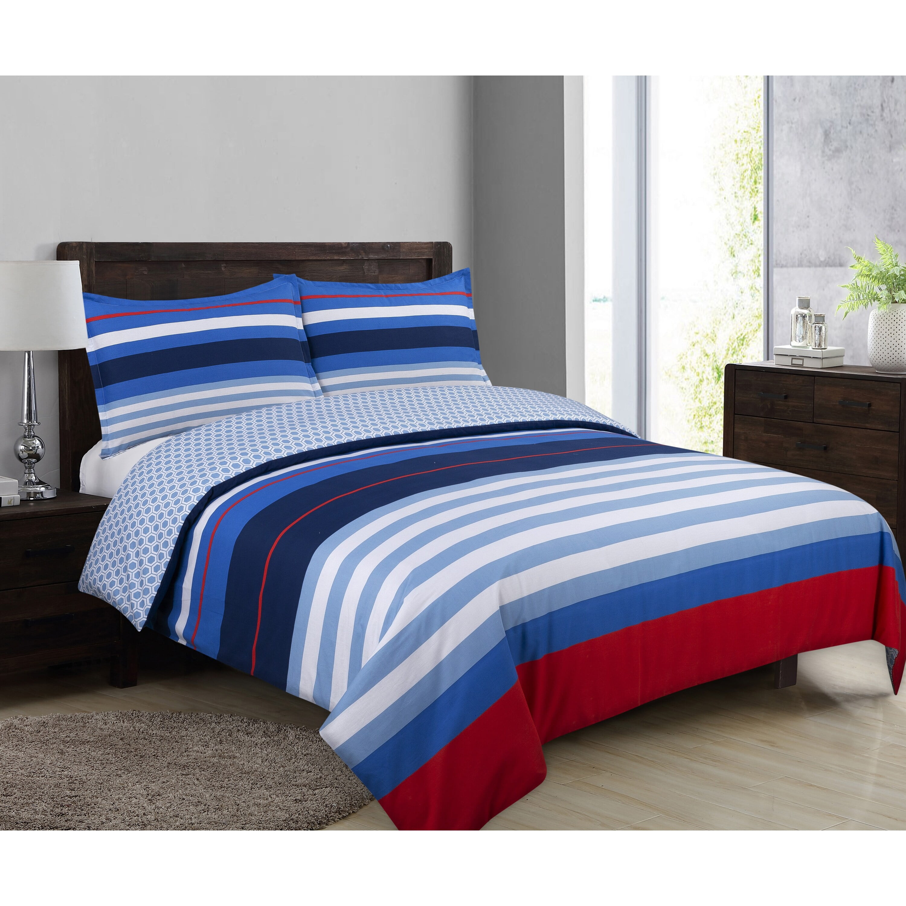 Full/Queen Red, White, and Blue Cotton Sham Set