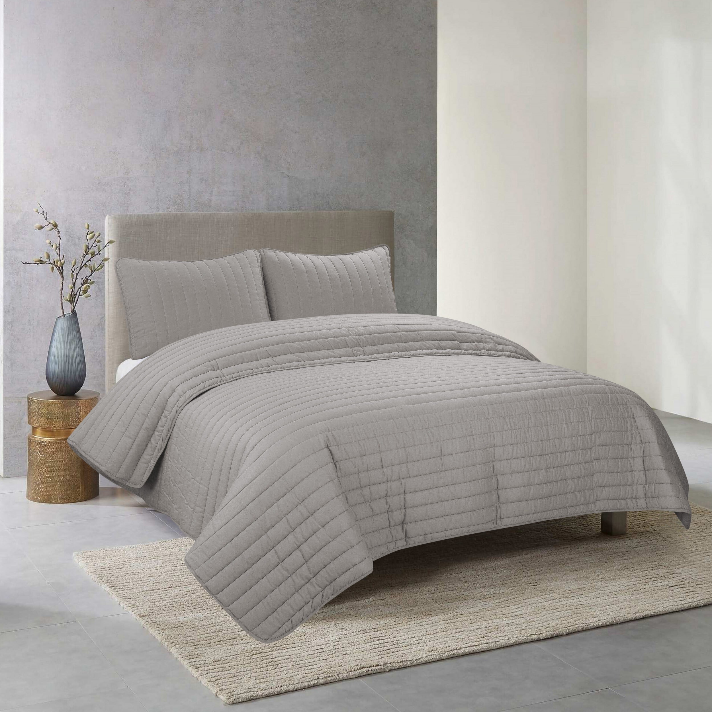 3 Piece Chanel Stitched Queen Comforter Set, Gray 